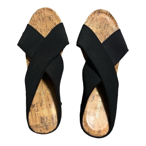 Montego Bay Black Criss Cross Strap Platform Cork Wedge Sandals Size 9.5 Shoes - Picture 2 of 10